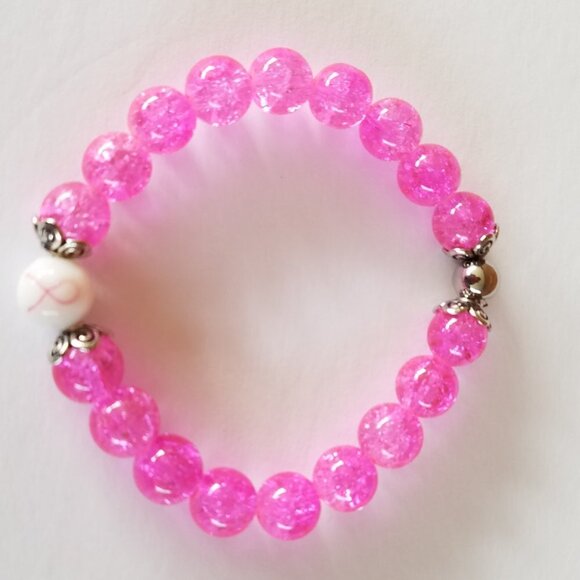Hand Crafted Pink Breast Cancer Awareness Bracelet Crackle Beads Stretch - Picture 4 of 7